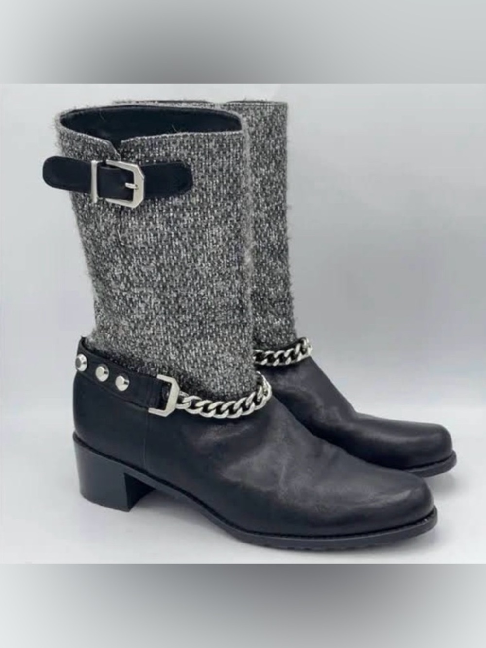 STUART WEITZMAN HARNESS MID-CALF BOOTS SILVER BLACK US 9.5 M $598 RETAIL